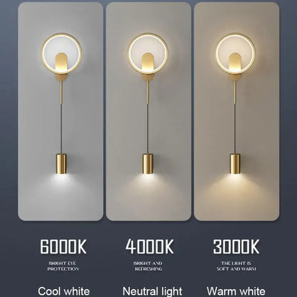 Modern nordic gold led wall light circular sconce with adjustable cool white neutral and warm white light output by decorbites gold led wall lamp