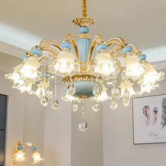 Modern nordic gold & light blue crystal pendant light dining room - Decorbites