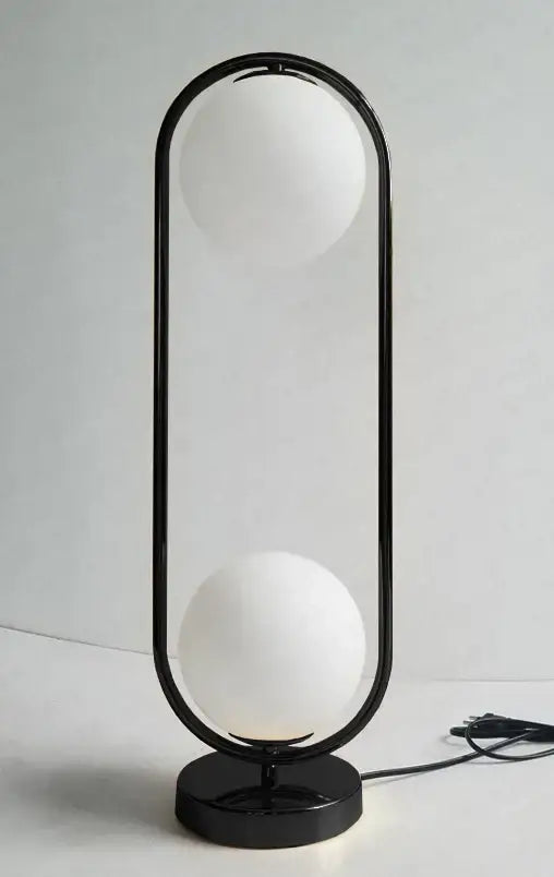 Black-framed modern nordic golden body glass led desk lamp with two frosted white spherical shades for bedroom decorbites golden body