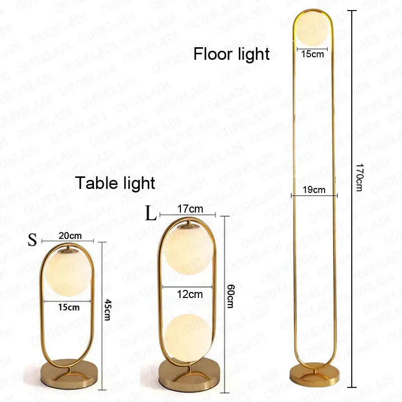 Modern nordic golden body glass led floor and table lamps with sleek oval frames and warm-toned glass globes for decorbites golden body decor