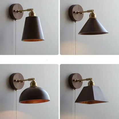 Modern nordic gray and walnut decorbites led wall sconce with dark brown wood and brass accents for bedroom lighting