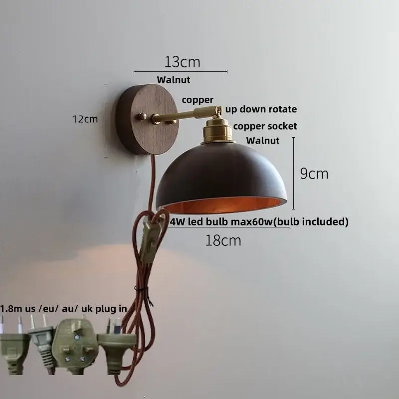 Modern nordic gray and walnut decorbites led wall sconce with dark matte metal dome and copper accents for bedroom lighting