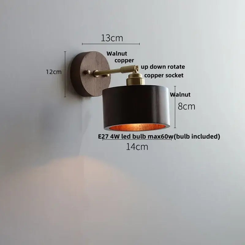 Modern nordic gray and walnut led wall sconce with matte black shade and brass copper accents by decorbites led wall