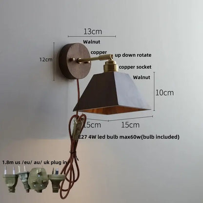 Modern nordic gray and walnut decorbites led wall sconce with copper geometric tapered shade for bedroom lighting