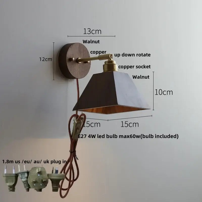 Modern nordic gray and walnut decorbites led wall sconce with copper geometric tapered shade for bedroom lighting