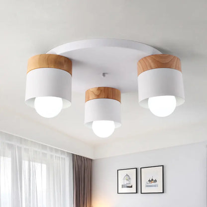 DecorBites™ DecorBites™ Modern Nordic Iron Cylinder Flush Mount Fixture with Wood Top - White, 3 Bulb Ceiling Flush for Bedroom