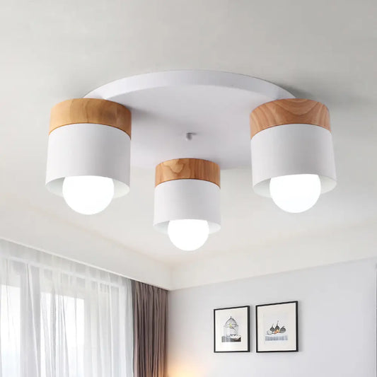 DecorBites™ DecorBites™ Modern Nordic Iron Cylinder Flush Mount Fixture with Wood Top - White, 3 Bulb Ceiling Flush for Bedroom