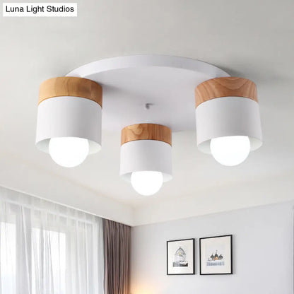 DecorBites™ DecorBites™ Modern Nordic Iron Cylinder Flush Mount Fixture with Wood Top - White, 3 Bulb Ceiling Flush for Bedroom