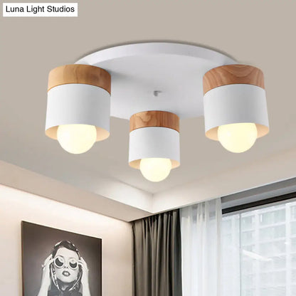 DecorBites™ DecorBites™ Modern Nordic Iron Cylinder Flush Mount Fixture with Wood Top - White, 3 Bulb Ceiling Flush for Bedroom