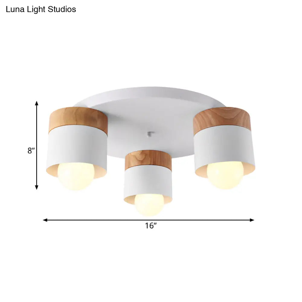 DecorBites™ DecorBites™ Modern Nordic Iron Cylinder Flush Mount Fixture with Wood Top - White, 3 Bulb Ceiling Flush for Bedroom