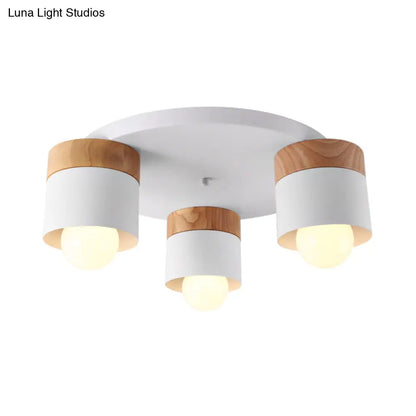 DecorBites™ DecorBites™ Modern Nordic Iron Cylinder Flush Mount Fixture with Wood Top - White, 3 Bulb Ceiling Flush for Bedroom