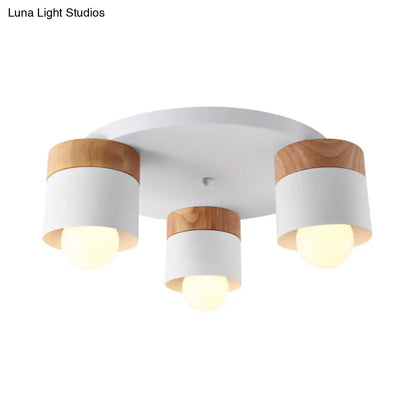 DecorBites™ DecorBites™ Modern Nordic Iron Cylinder Flush Mount Fixture with Wood Top - White, 3 Bulb Ceiling Flush for Bedroom