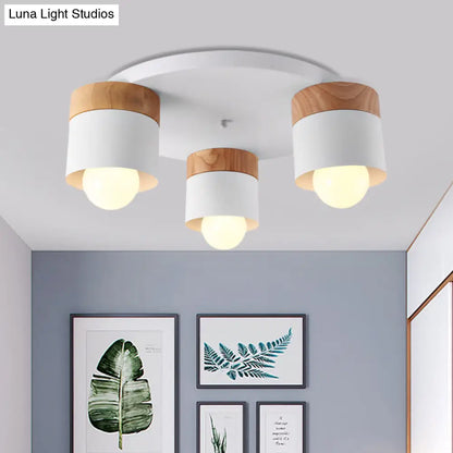 DecorBites™ DecorBites™ Modern Nordic Iron Cylinder Flush Mount Fixture with Wood Top - White, 3 Bulb Ceiling Flush for Bedroom