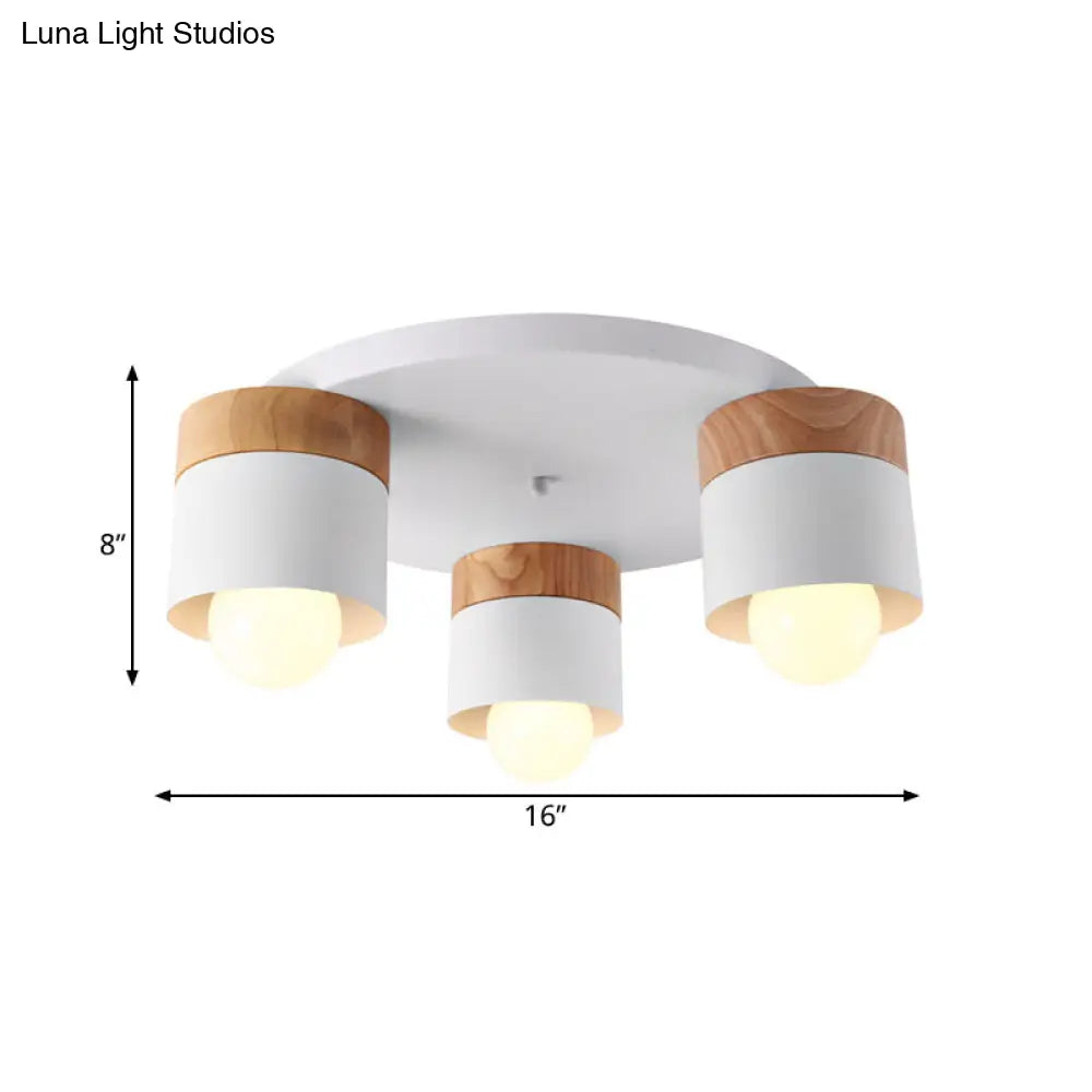 DecorBites™ DecorBites™ Modern Nordic Iron Cylinder Flush Mount Fixture with Wood Top - White, 3 Bulb Ceiling Flush for Bedroom