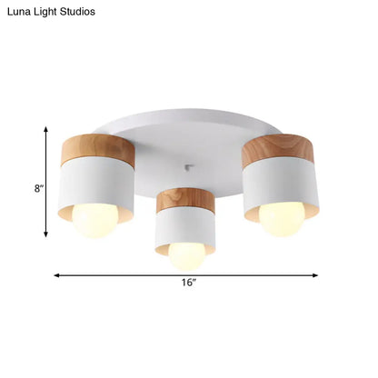 DecorBites™ DecorBites™ Modern Nordic Iron Cylinder Flush Mount Fixture with Wood Top - White, 3 Bulb Ceiling Flush for Bedroom