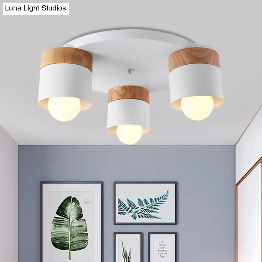 DecorBites™ DecorBites™ Modern Nordic Iron Cylinder Flush Mount Fixture with Wood Top - White, 3 Bulb Ceiling Flush for Bedroom