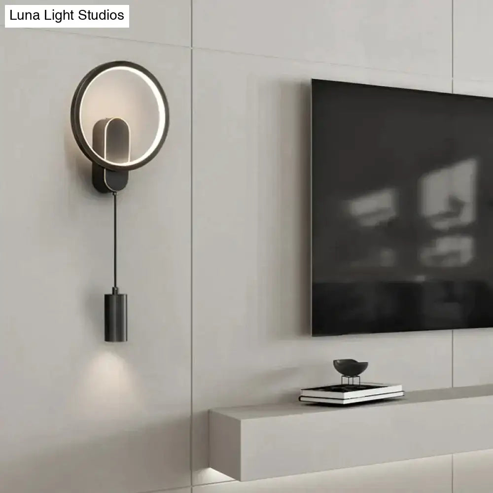 Modern nordic led wall lamp with black gold metal frame, circular sconce, illuminated ring, and hanging pendant for bedroom