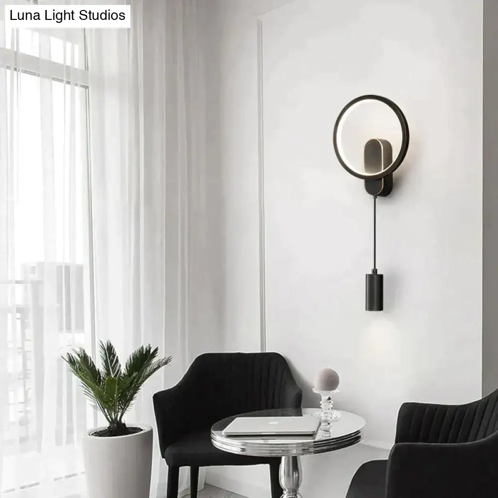 Modern nordic led black gold wall lamp with sleek circular design and illuminated ring for bedroom sconce lighting