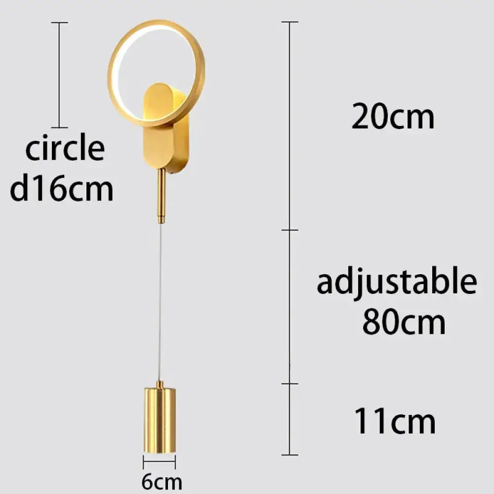 Modern nordic led wall lamp with gold-finished circular design and adjustable hanging cord in black gold for bedroom sconce