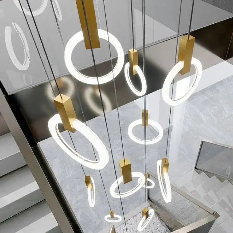 Modern nordic led wood stair chandelier with glowing white rings and gold fixtures for living room decorbites led wood lighting