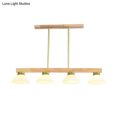 Modern minimalist nordic linear wood hanging light with natural wood frame brass accents and four opal glass shades