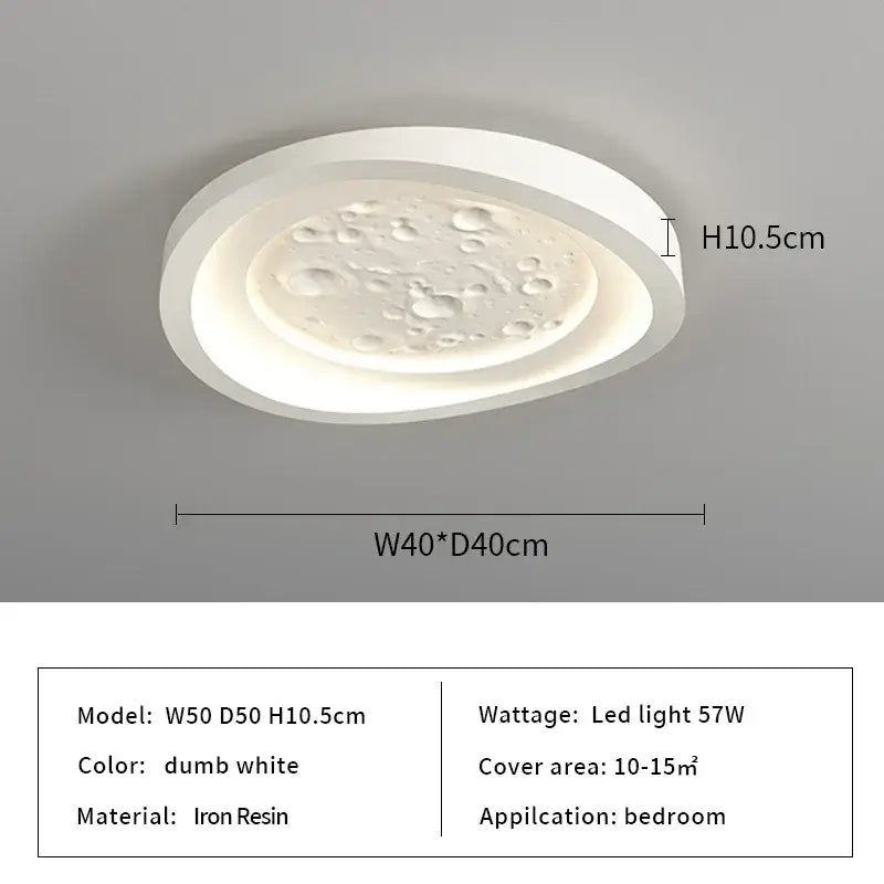 Modern nordic white led ceiling lamp with moon-like textured iron resin surface for bedroom lighting