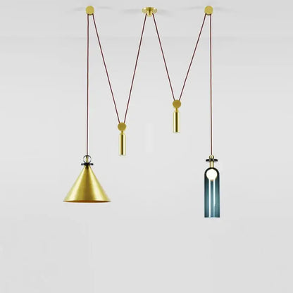 Modern nordic multi color glass chandelier with gold-toned conical and cylindrical shades featuring gradient blue glass element decorbites glass chandelier