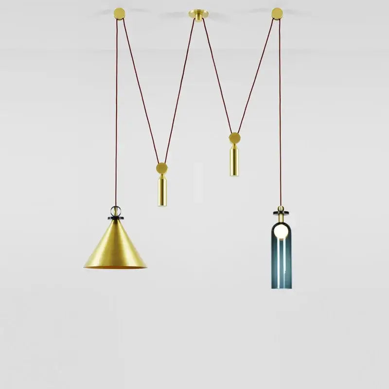 Modern nordic multi color glass chandelier with gold-toned conical and cylindrical shades featuring gradient blue glass element decorbites glass chandelier