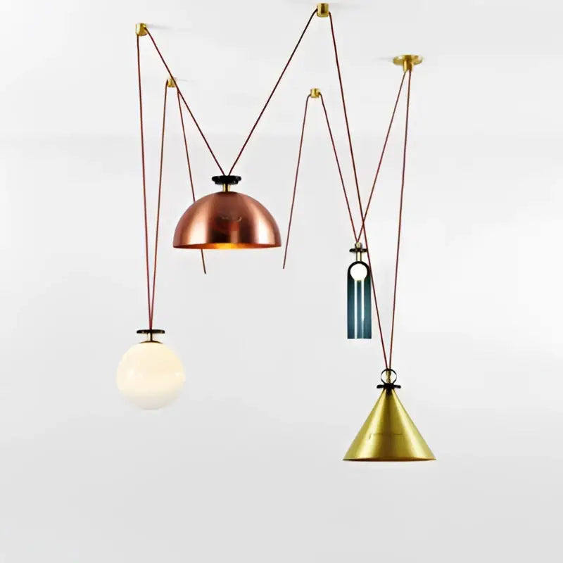 Modern nordic multi color glass chandelier with copper dome, frosted globe, and brass cone decorbites glass chandelier