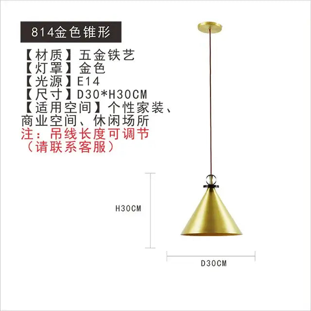 Gold-colored conical pendant light with metallic finish and e14 bulb socket for modern nordic decorbites glass chandelier