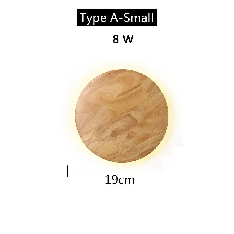Circular wooden coaster with natural light brown finish and wood grain paired with decorbites led wooden wall lamp