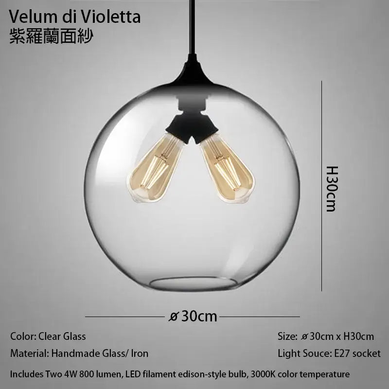 Modern nordic polished chrome pendant light with clear glass globe and two warm led filament bulbs for kitchen use