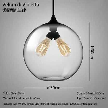 Modern nordic polished chrome pendant light with clear glass globe and two warm led filament bulbs for kitchen use