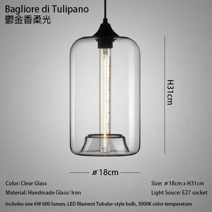 Modern nordic pendant light with clear glass shade, black iron fixture, polished chrome accents, and led filament bulb