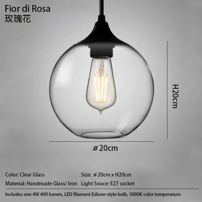 Modern nordic polished chrome pendant light with clear glass globe and led filament bulb in black iron fixture