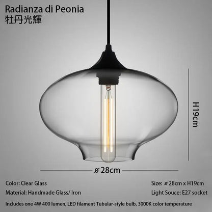 Modern nordic pendant light with clear glass, polished chrome black iron fixture, and exposed led filament bulb