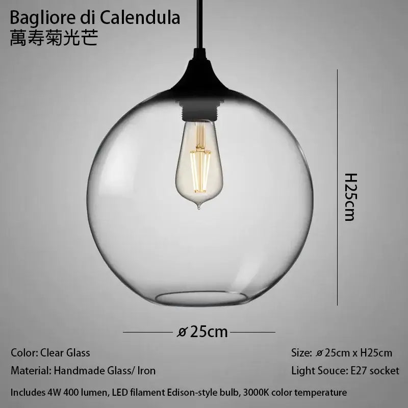 Modern nordic pendant light with clear glass globe, black iron fixture, polished chrome accents, and led filament bulb