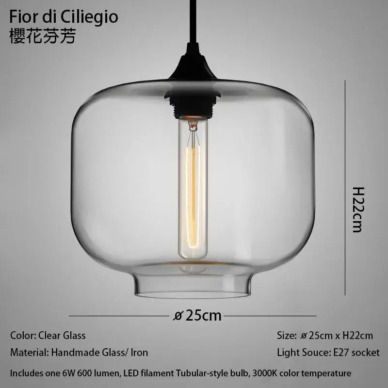Modern nordic pendant light with clear glass, black iron fixture, polished chrome accents, and led filament bulb