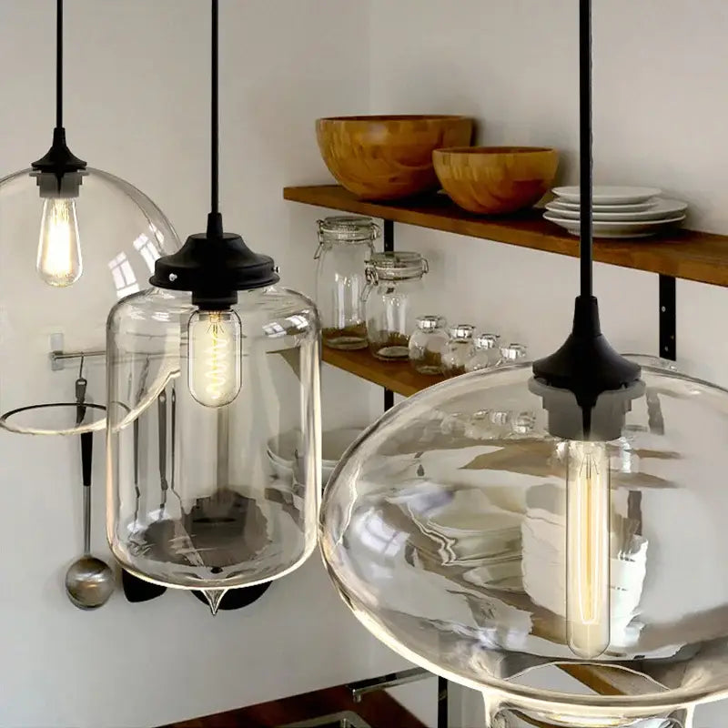 Clear glass modern nordic pendant light with polished chrome black metal fixture and led filament bulb for kitchen use
