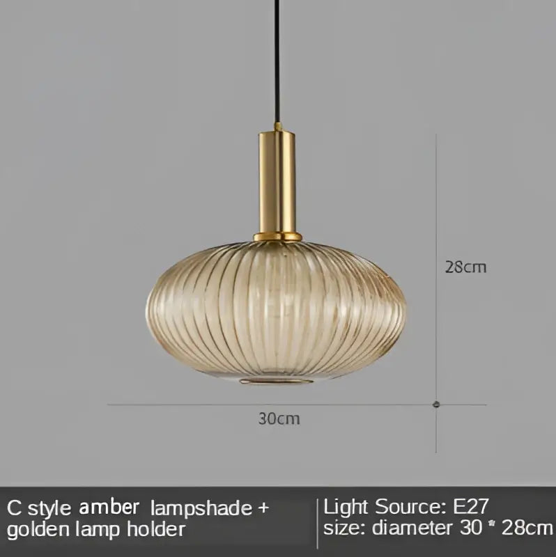 Amber-colored ribbed glass led pendant light with golden holder modern nordic style for dining room lighting