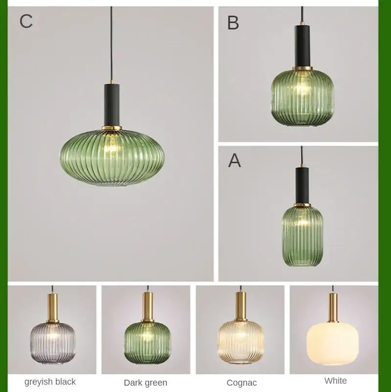 Modern nordic dark green ribbed glass led pendant light with black stem and gold accents for dining room lighting