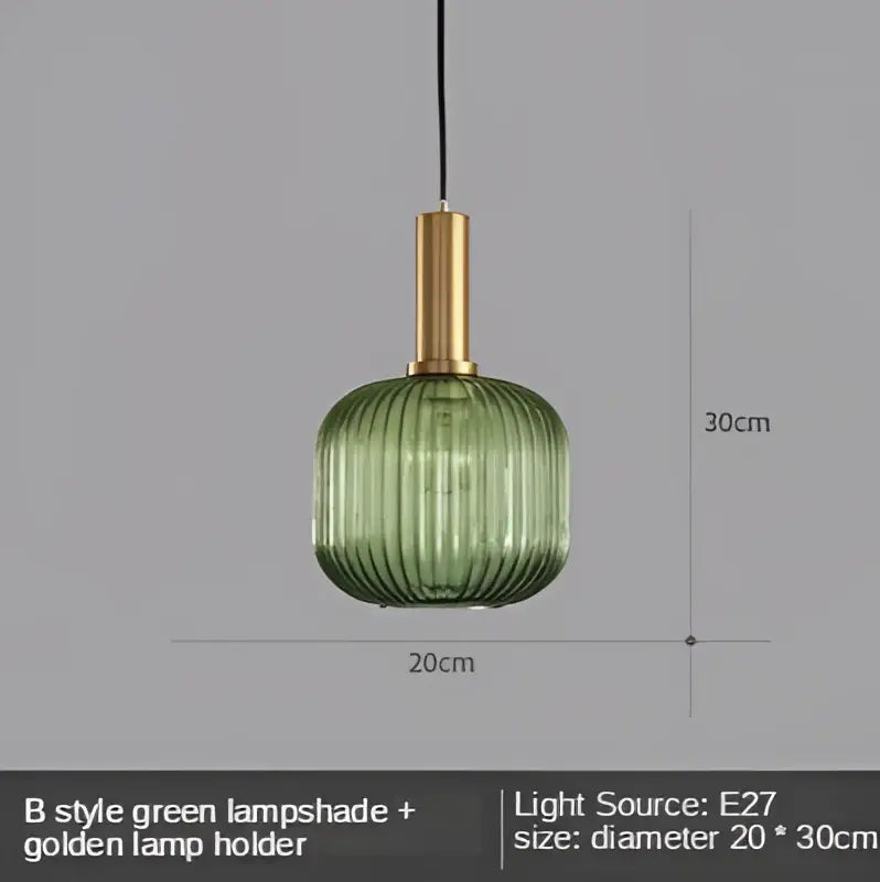 Modern nordic pendant lights with green ribbed glass led shade and golden metal holder for dining room use