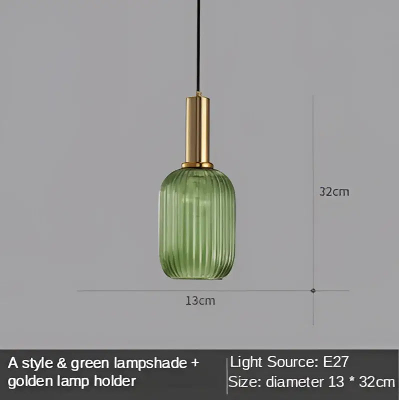 Modern nordic green ribbed glass led pendant lights with golden metal holder for dining room illumination