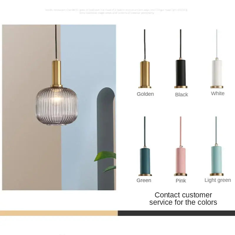 Modern nordic pendant lights with ribbed gray glass led globe and gold finish metal fixture for dining room use