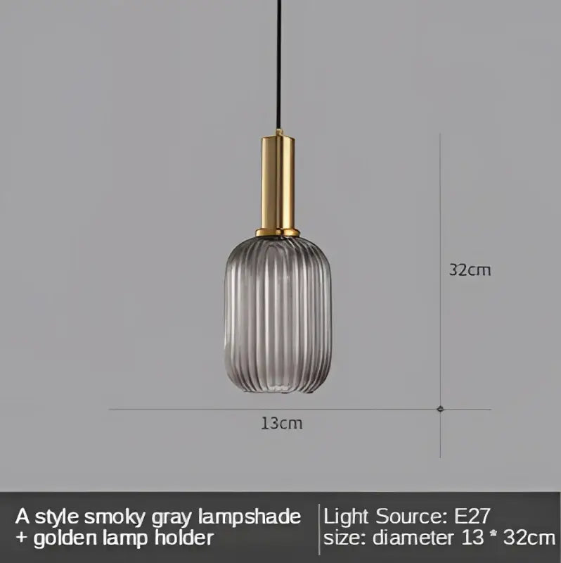 Modern nordic ribbed gray glass led pendant lights with polished gold metal holder for dining room lighting