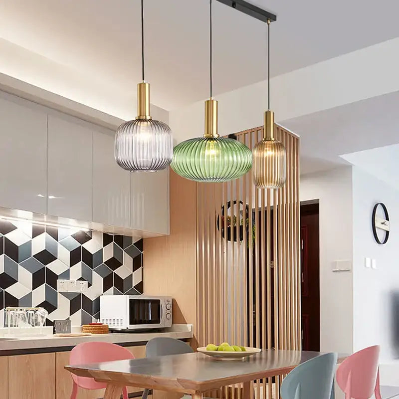 Modern nordic ribbed glass led pendant lights with silver, green, and gold glass shades for dining room lighting