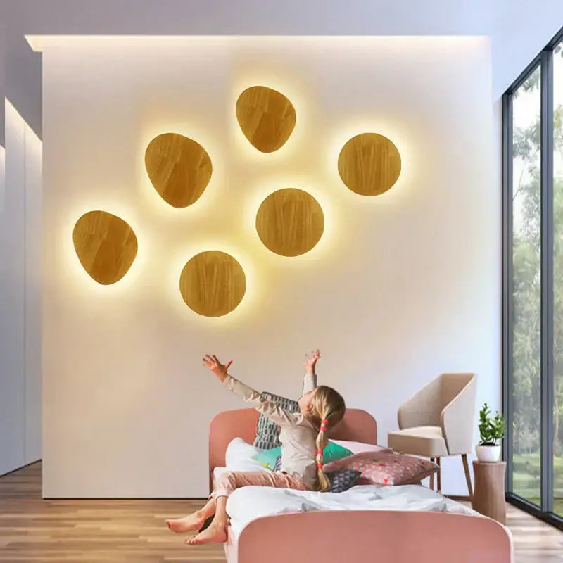 Modern nordic round eclipse wooden wall lamp with warm ambient lighting for bedroom wooden wall lamp