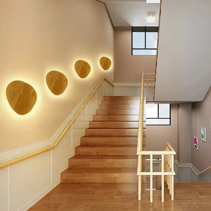 Warm circular modern nordic eclipse wooden wall lamp with natural finish wood for bedroom lighting