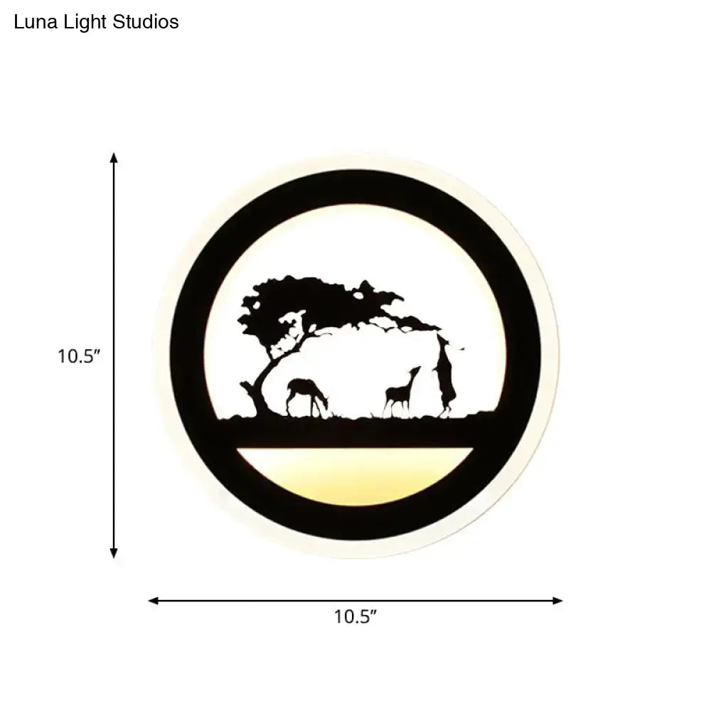 Modern nordic circular led wall light with black acacia tree silhouette and deer design bulb included for bedroom use