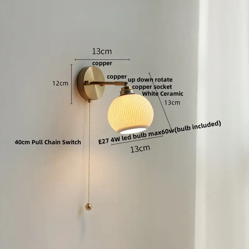 Copper-finished modern nordic ceramic wall light with white ridged ceramic shade and included e27 led bulb by decorbites